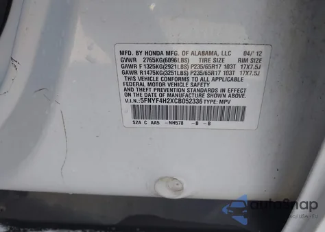 2012 Honda Pilot Lx из США, поврежденный, VIN 5FNYF4H2XCB052336